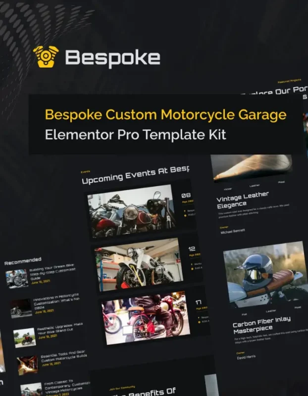 Bespoke Custom Motorcycle Garage Elementor Pro Template Kit