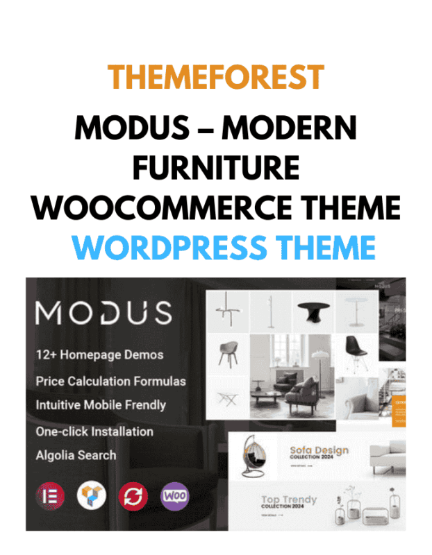 Modus – Modern Furniture WooCommerce Theme is a sleek and stylish solution for creating an online furniture store. With its user-friendly interface, customizable layouts, and drag-and-drop page builder, Modus makes it easy to design a professional, responsive e-commerce site. Integrated seamlessly with WooCommerce, it offers advanced features like high-resolution image support and responsive design, ensuring your products are showcased beautifully. Whether you're selling chairs, sofas, or tables, Modus elevates your online store and provides an enjoyable shopping experience for your customers.